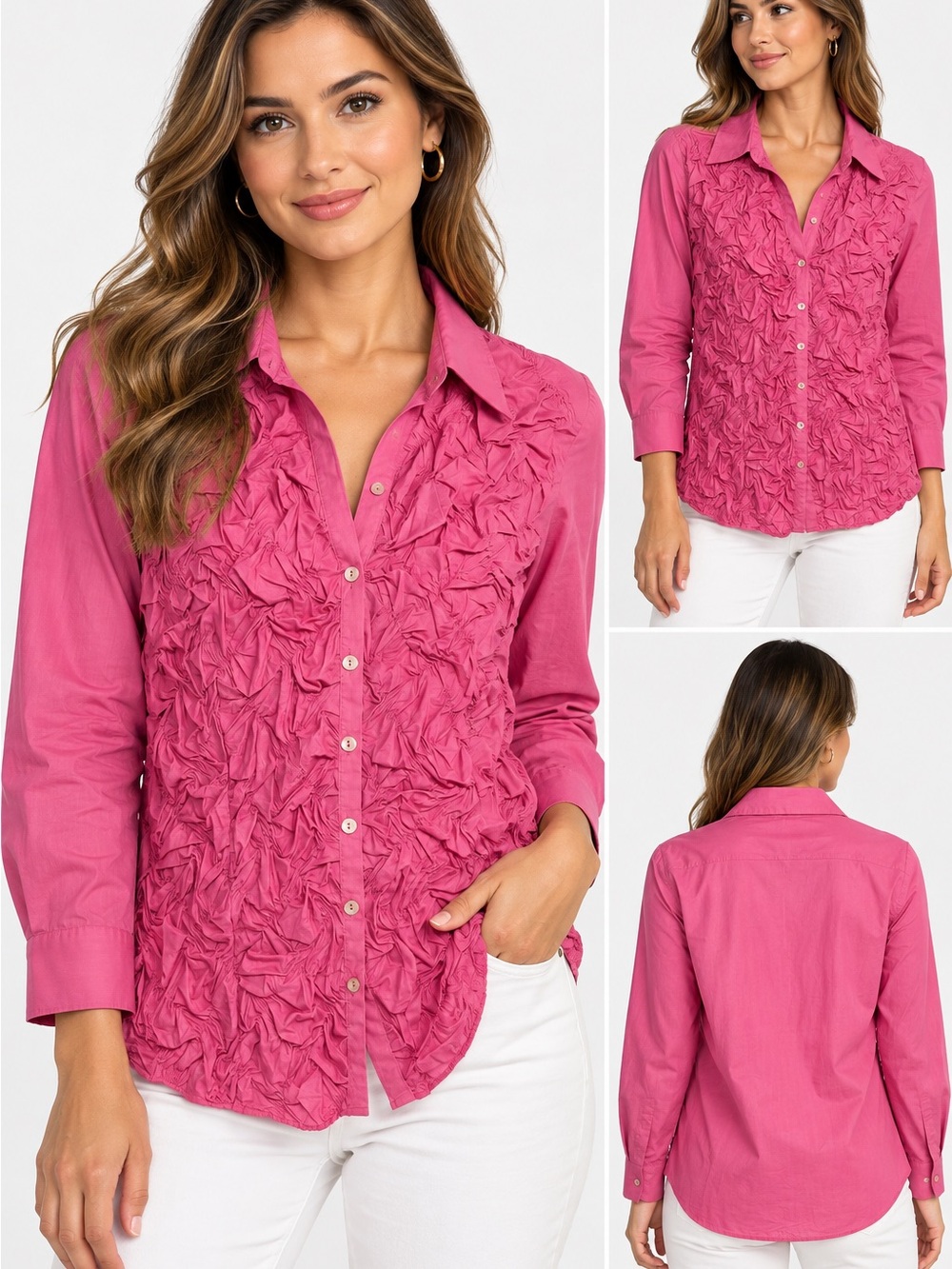 Lafayette 148 New York Textured Ruffle-Front Button Shirt in Fuchsia size 10